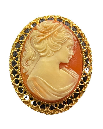 Vintage gold finish large resin cameo brooch