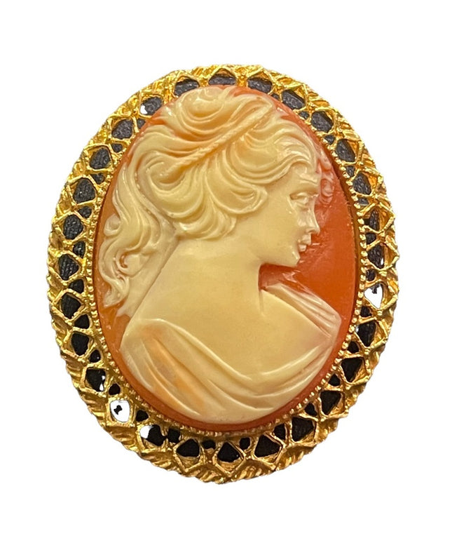 Vintage gold finish large resin cameo brooch