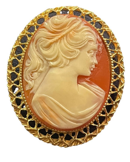 Vintage gold finish large resin cameo brooch