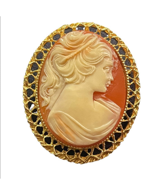 Vintage gold finish large resin cameo brooch