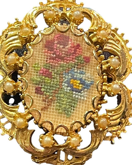 Vintage ornate gold finish faux pearl Petite point flower brooch pendant