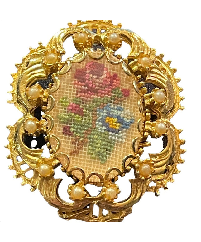 Vintage ornate gold finish faux pearl Petite point flower brooch pendant