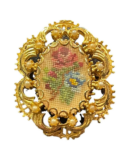 Vintage ornate gold finish faux pearl Petite point flower brooch pendant