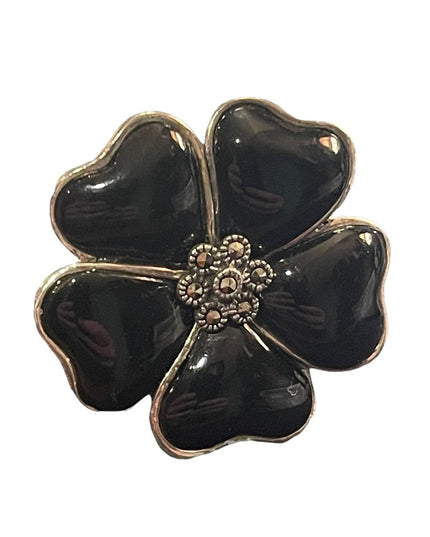 Black Onyx Flower Marcasite Sterling silver 925 Large ring
