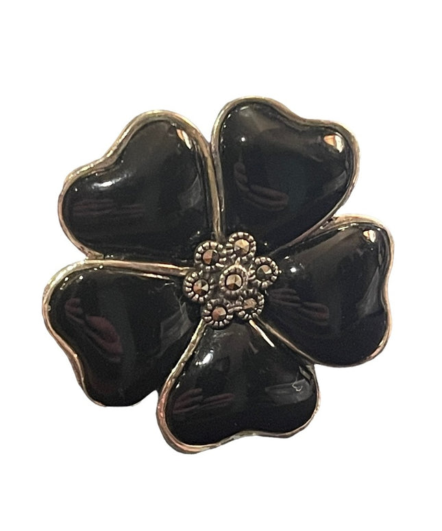 Black Onyx Flower Marcasite Sterling silver 925 Large ring