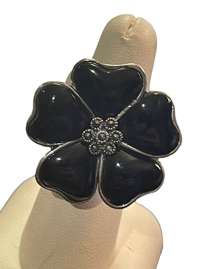 Black Onyx Flower Marcasite Sterling silver 925 Large ring
