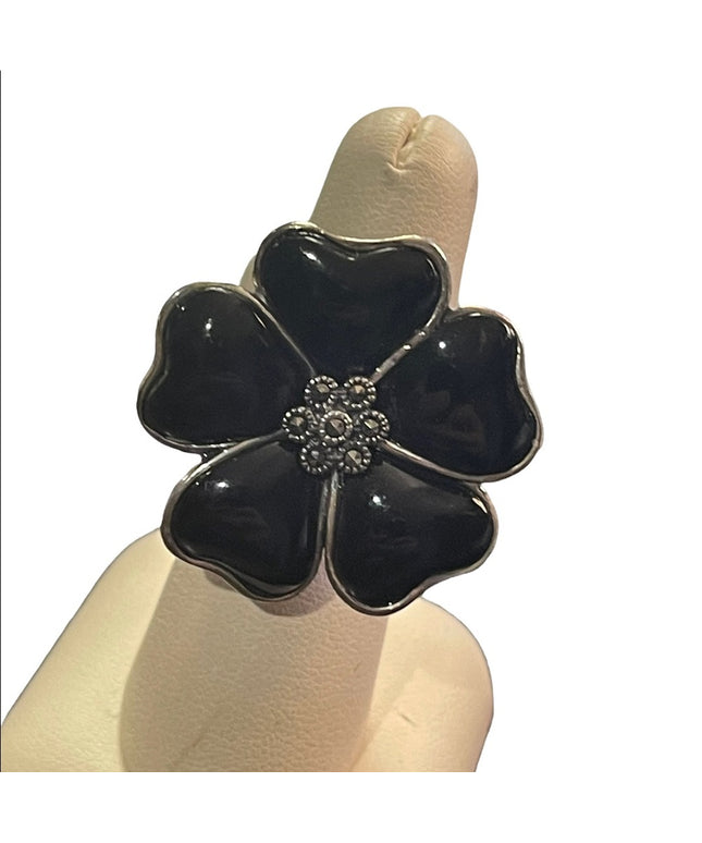 Black Onyx Flower Marcasite Sterling silver 925 Large ring