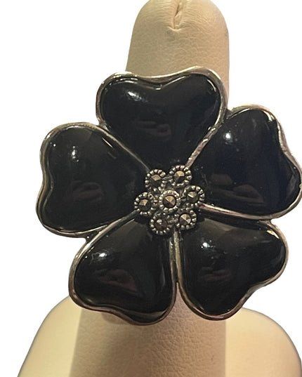 Black Onyx Flower Marcasite Sterling silver 925 Large ring