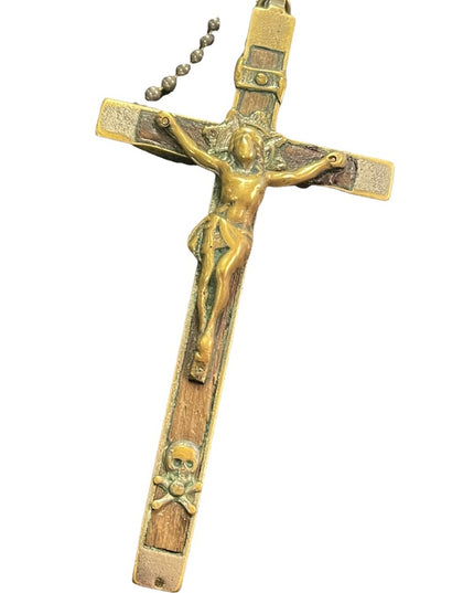 Antique Large Wood brass Catholic Crucifix worn Pendant wall? Jesus