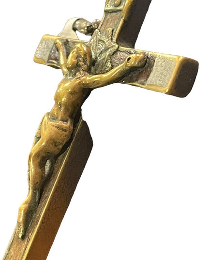 Antique Large Wood brass Catholic Crucifix worn Pendant wall? Jesus