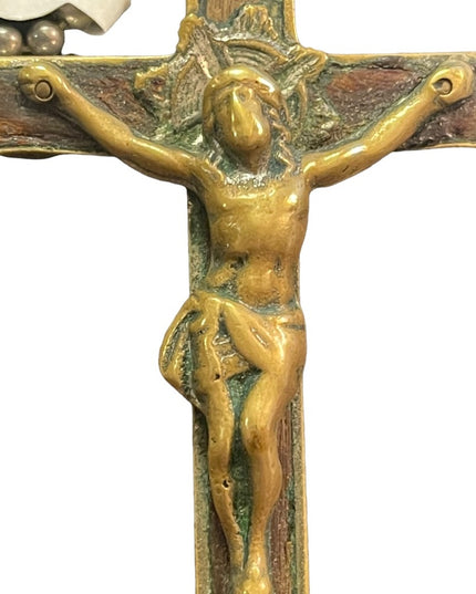 Antique Large Wood brass Catholic Crucifix worn Pendant wall? Jesus