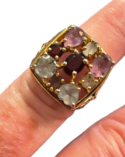 Multi gemstone Gold Sterling silver 925 dinner ring garnet topaz amethyst stones