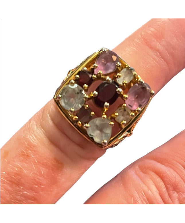 Multi gemstone Gold Sterling silver 925 dinner ring garnet topaz amethyst stones