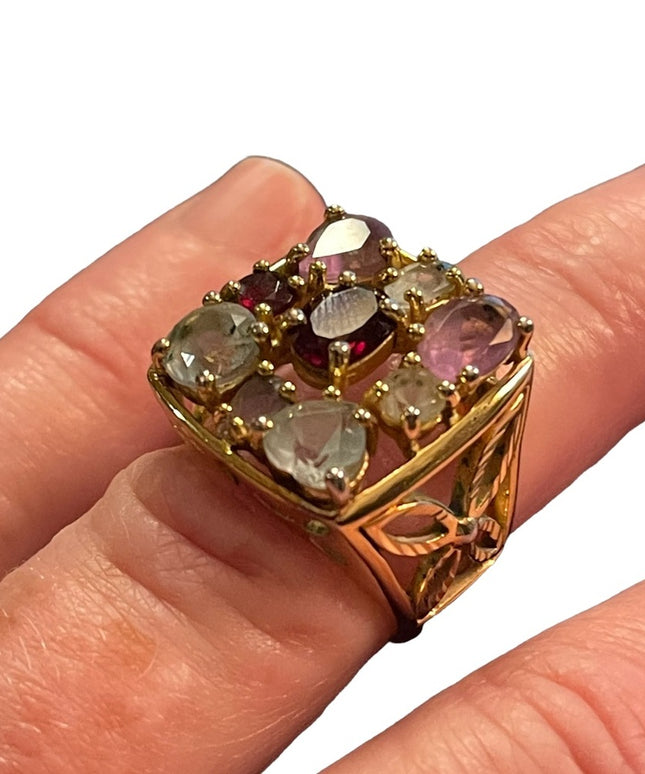 Multi gemstone Gold Sterling silver 925 dinner ring garnet topaz amethyst stones