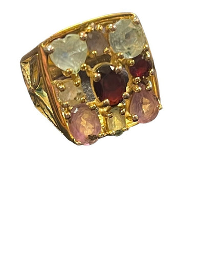 Multi gemstone Gold Sterling silver 925 dinner ring garnet topaz amethyst stones