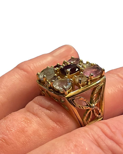 Multi gemstone Gold Sterling silver 925 dinner ring garnet topaz amethyst stones