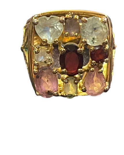 Multi gemstone Gold Sterling silver 925 dinner ring garnet topaz amethyst stones