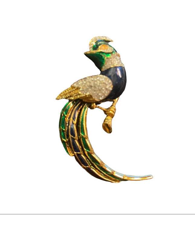 Vintage enameled colorful crystal large bird brooch