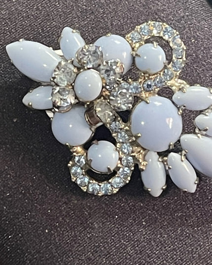 Vintage 1960s Glass & Crystal Blue sparkle fancy brooch