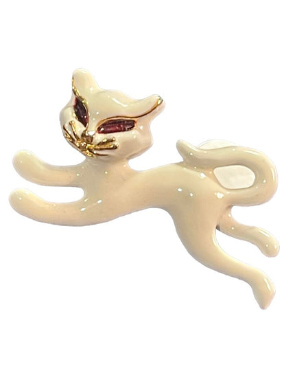 Vintage white enameled ruby crystal eye brooch cat kitty