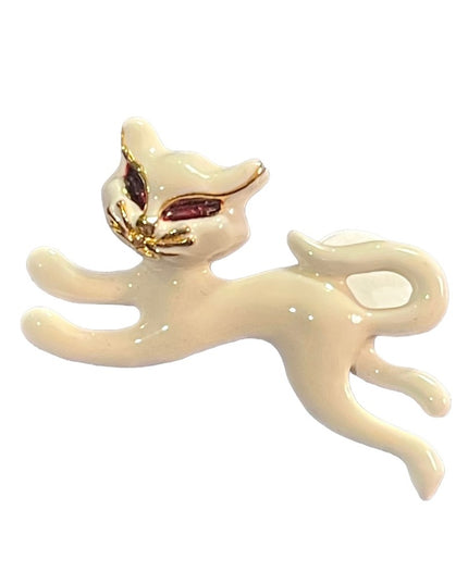 Vintage white enameled ruby crystal eye brooch cat kitty