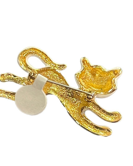Vintage white enameled ruby crystal eye brooch cat kitty