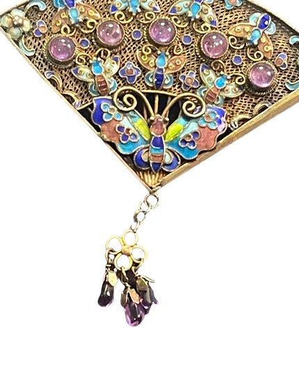 Antique silver sterling 925 China filagree enameled butterfly amethyst brooch