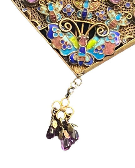 Antique silver sterling 925 China filagree enameled butterfly amethyst brooch