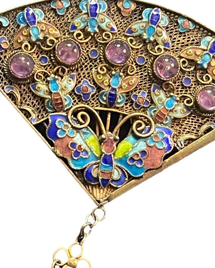Antique silver sterling 925 China filagree enameled butterfly amethyst brooch