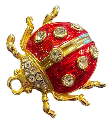 Vintage 1980s Enameled Crystal Lady bug brooch gold finish