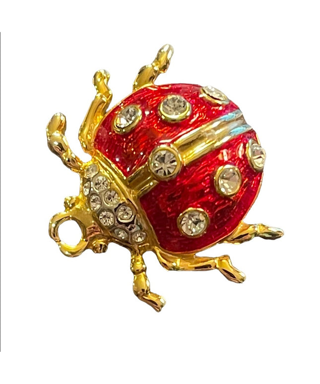 Vintage 1980s Enameled Crystal Lady bug brooch gold finish