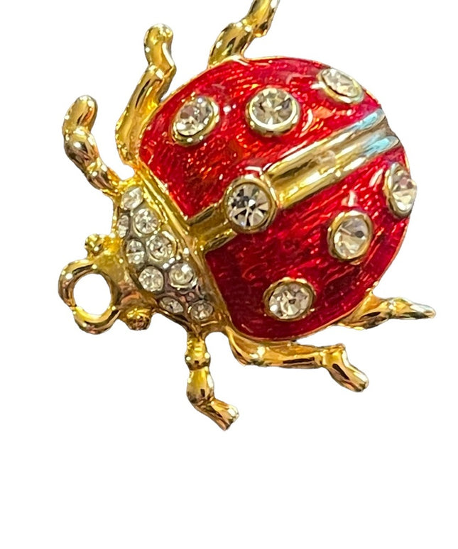 Vintage 1980s Enameled Crystal Lady bug brooch gold finish