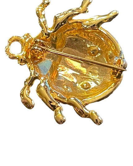 Vintage 1980s Enameled Crystal Lady bug brooch gold finish