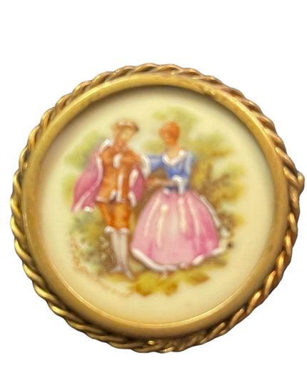 Antique Round Limoges Objects of art painted Cameo Victorian ceramic brooch