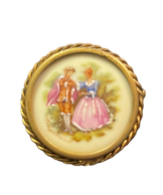 Antique Round Limoges Objects of art painted Cameo Victorian ceramic brooch