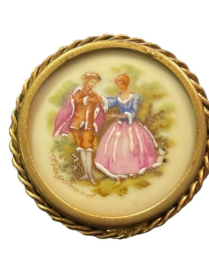 Antique Round Limoges Objects of art painted Cameo Victorian ceramic brooch