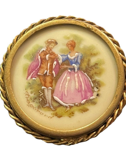 Antique Round Limoges Objects of art painted Cameo Victorian ceramic brooch