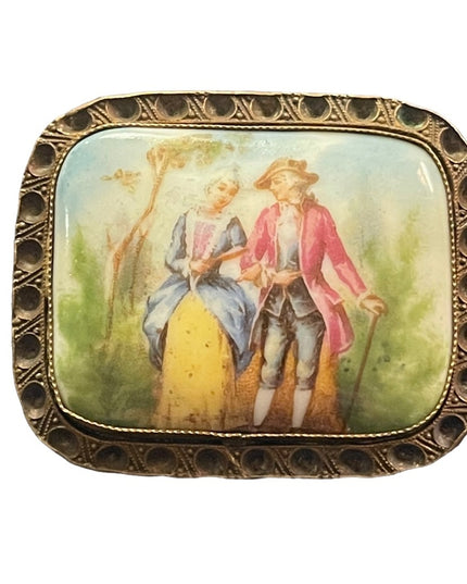 Antique 1920s CZECH ceramic Victorian Scene Cameo brooch square