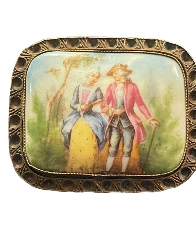Antique 1920s CZECH ceramic Victorian Scene Cameo brooch square