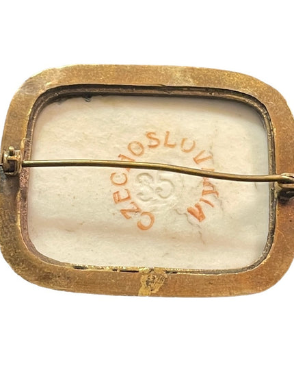Antique 1920s CZECH ceramic Victorian Scene Cameo brooch square