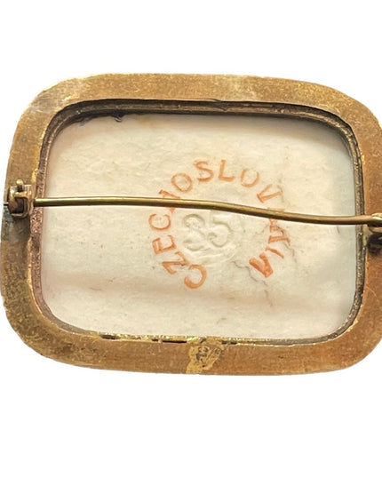 Antique 1920s CZECH ceramic Victorian Scene Cameo brooch square
