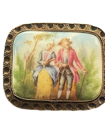 Antique 1920s CZECH ceramic Victorian Scene Cameo brooch square