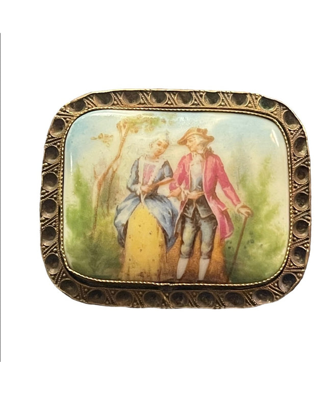 Antique 1920s CZECH ceramic Victorian Scene Cameo brooch square