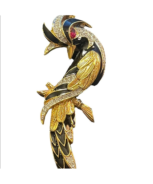 Vintage 1980s Bird of Paradise Large D orlan Crystal enameled bird brooch gold