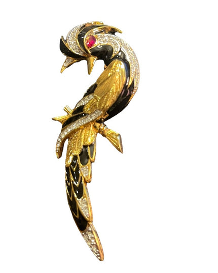 Vintage 1980s Bird of Paradise Large D orlan Crystal enameled bird brooch gold