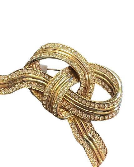 Vintage 1980s Large D orlan bow pretzel knot brooch crystals woth gold finish