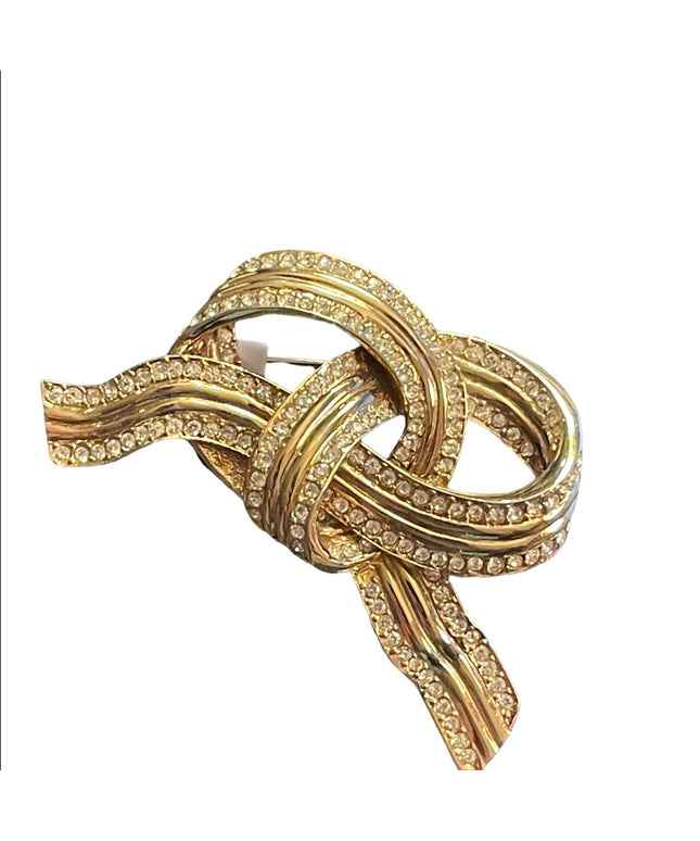Vintage 1980s Large D orlan bow pretzel knot brooch crystals woth gold finish