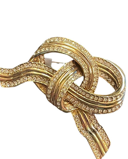 Vintage 1980s Large D orlan bow pretzel knot brooch crystals woth gold finish