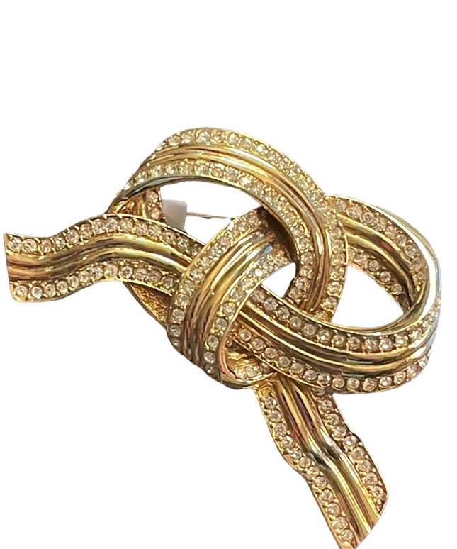 Vintage 1980s Large D orlan bow pretzel knot brooch crystals woth gold finish