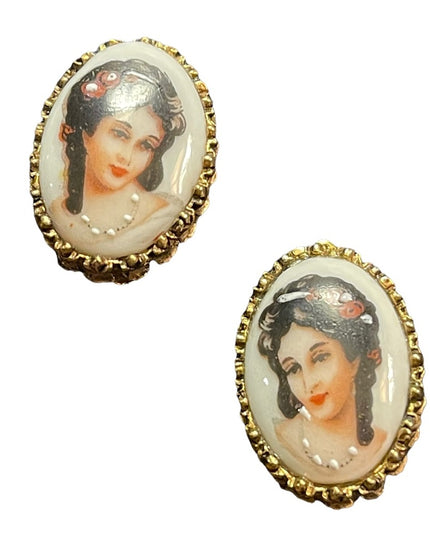 Vintage Limoges France ceramic lady cameo Clip on earrings